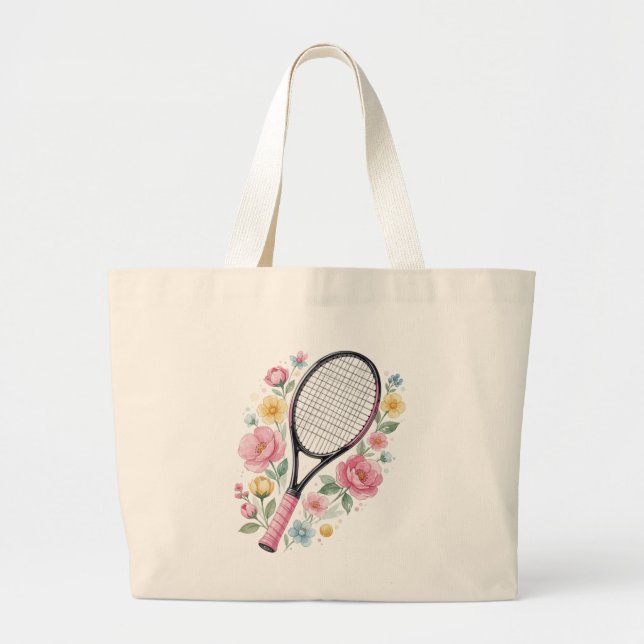Floral Tennis Tote Bag Cute Tennis Racket Flowers  (Front)