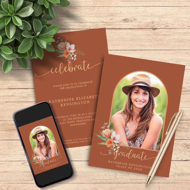 Floral Teracotta Boho Arch Photo Graduation Invitation (Floral Teracotta Boho Arch Photo Graduation Invitation Announcement with Instant Download)