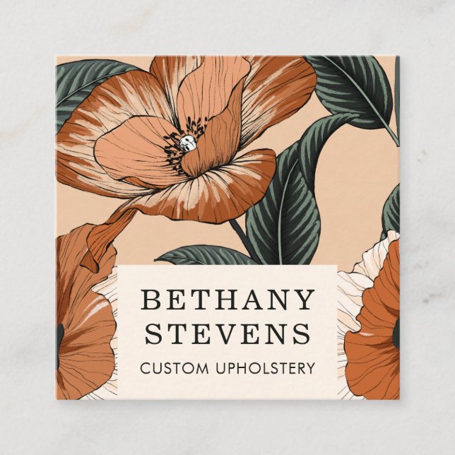 Floral Terra Cotta Green Furniture Upholstery Square Business Card (Front)