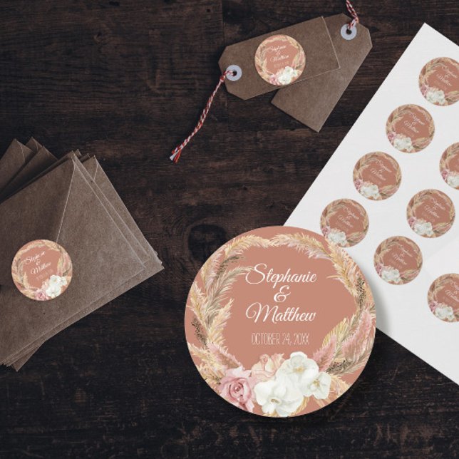 Floral Terracotta Blush Boho Pampas Palm Wedding Classic Round Sticker (Creator Uploaded)