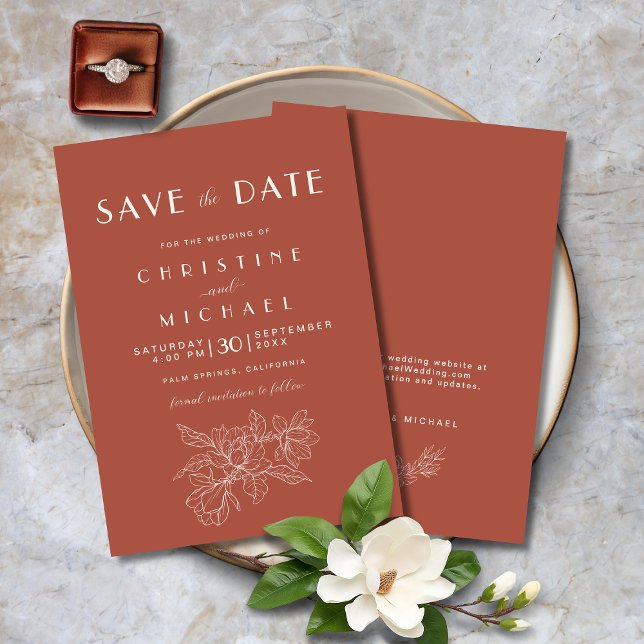 Floral Terracotta Elegant Wedding BOHO Save The Date (Floral Terracotta Elegant Wedding BOHO Save the Date Invitation with Magnolia Flowers, Website.)