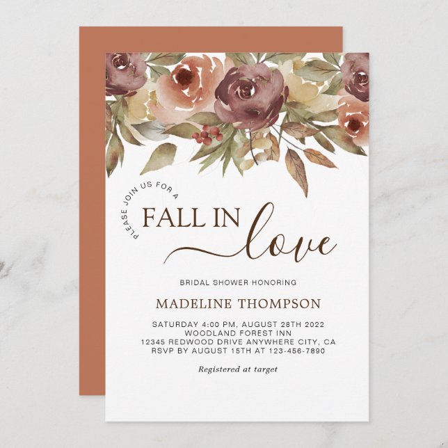 Floral Terracotta Fall in Love Bridal Shower Invitation (Front/Back)