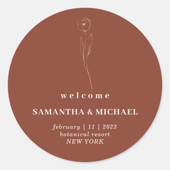 Floral Terracotta Simple Welcome Wedding botanical Classic Round Sticker (Front)