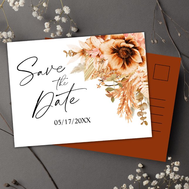 Floral Terracotta Wedding Save The Date Announcement Postcard (Floral Terracotta Wedding Save The Date Announcement Postcard)
