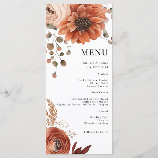 Floral Terracotta White Watercolor Wedding Menu (Front)