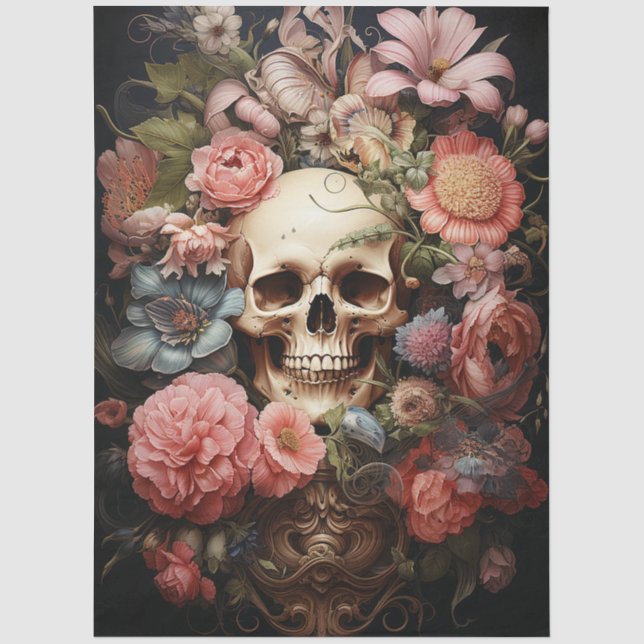 Floral Textured Skull Decoupage Tissue Paper (Front)