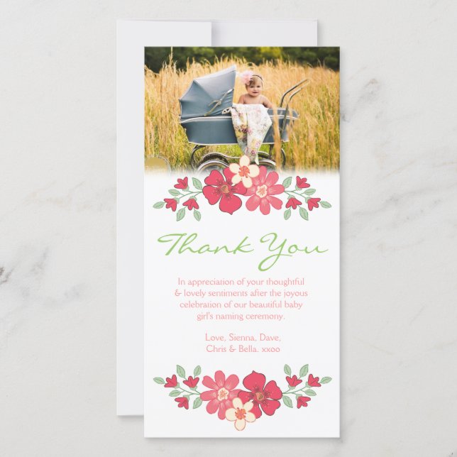 Floral Thank You Baby Girl Photo Card Template (Front)