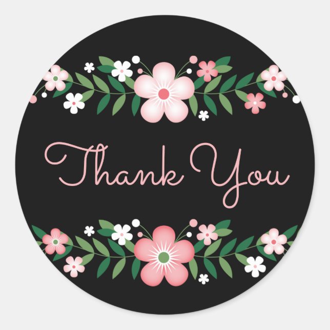 Floral Thank You Black And  Pink Flowers Wedding Classic Round Sticker (Front)