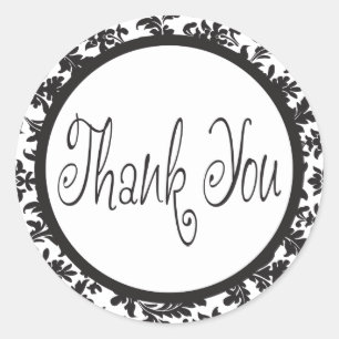 Floral Thank You Black And White Damask Classic Round Sticker