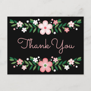 Floral Thank You Black, Pink Flowers Wedding Party Postcard