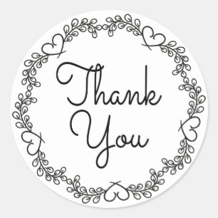 Floral Thank You Black & White Laurel Heart Wreath Classic Round Sticker