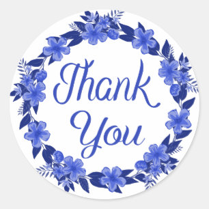 Floral Thank You Blue Watercolor Flower Wreath Classic Round Sticker
