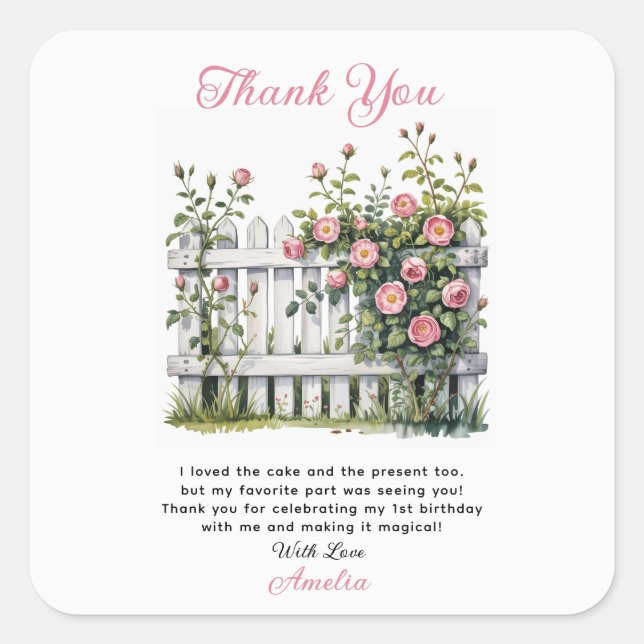 Floral Thank You Card for First Birthday  Square Sticker (Front)