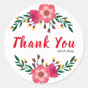 Floral Thank You Custom Name Business Thanksgiving Classic Round Sticker