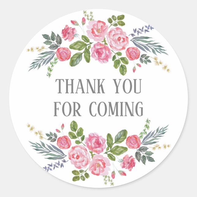 Floral Thank you for coming. Pink rose baby shower Classic Round Sticker (Front)