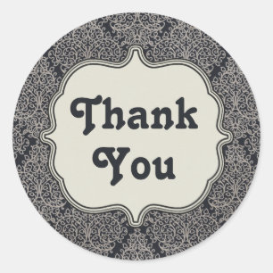 Floral Thank You Grey / Black Damask Art Nouveau Classic Round Sticker