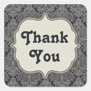 Floral Thank You Grey / Black Damask Art Nouveau Square Sticker
