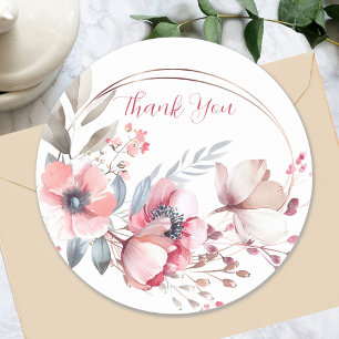 Floral Thank You in Script Text, Or Your Message Classic Round Sticker