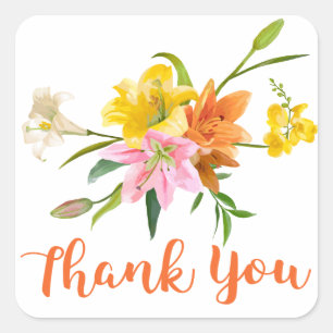 Floral Thank You Lily Flowers - Orange Pink Yellow Square Sticker