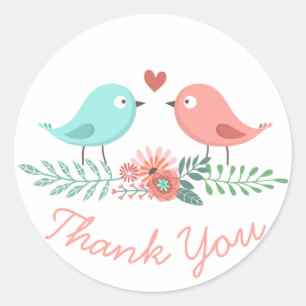 Floral Thank You Love Birds Pink & Blue Wedding Classic Round Sticker