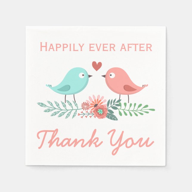 Floral Thank You Lovebirds Blue And Pink Wedding C Napkin (Front)