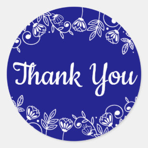 Floral Thank You Navy Blue Wedding Flower Party Classic Round Sticker
