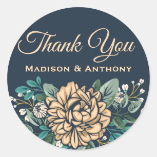 Floral Thank You Peach Peony Flower Navy Blue Classic Round Sticker