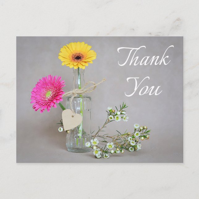 Floral Thank You Pink, Yellow Gerbera Daisy Flower Postcard (Front)