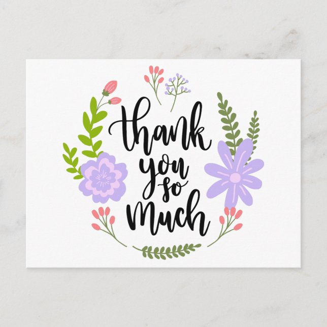 Floral Thank You Purple Flowers & Green Leaves Postcard (Front)