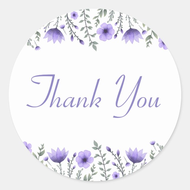 Floral Thank You Purple Flowers Wedding Classic Round Sticker (Front)