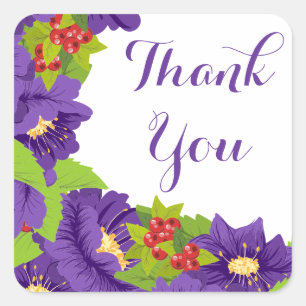 Floral Thank You Purple Flowers Wedding Square Sticker