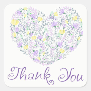 Floral Thank You Purple Heart Lavender Flowers Square Sticker