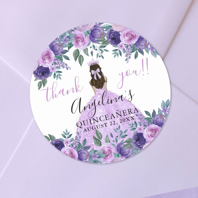 Floral Thank You Purple Quinceanera Classic Round Sticker (Floral Thank You Purple Quinceanera Classic Round Sticker)