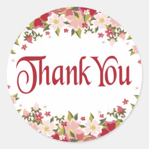 Floral Thank You Red Burgundy & Pink Flowers Classic Round Sticker