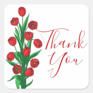 Floral Thank You Red Tulip Flowers Wedding Party Square Sticker