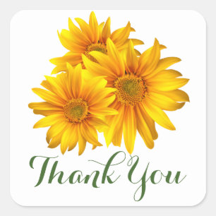 Floral Thank You Sunflowers Yellow & Green Flowers Square Sticker