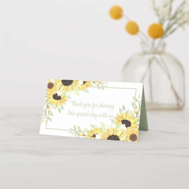 Floral Thank You Watercolor Sunflowers Wedding Place Card (Front)