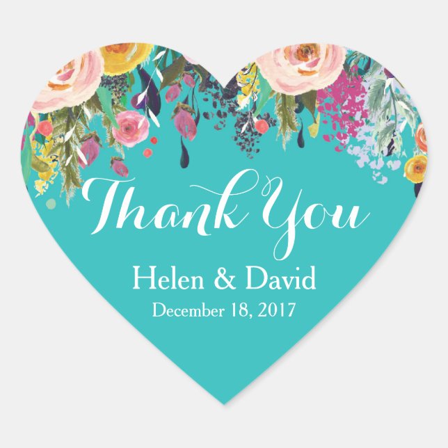 Floral Thank You Wedding Favour Stickers Teal (Front)