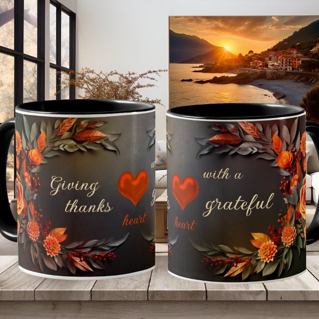 Floral Thanks Grateful Heart Chalkboard Mug (Mug with a floral design on chalkboard with an optional heart - Thanksgiving - teacher appreciation)