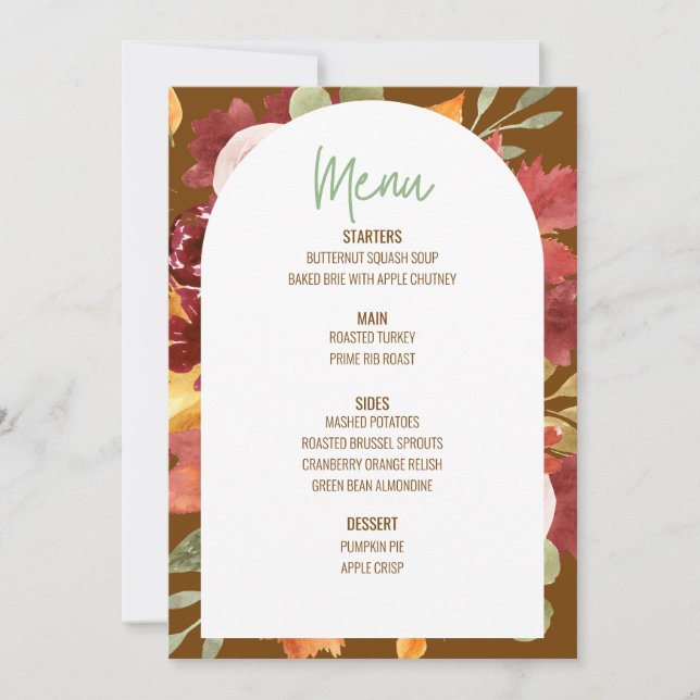 Floral Thanksgiving Dinner Menu Wedding Menu Invitation (Front)