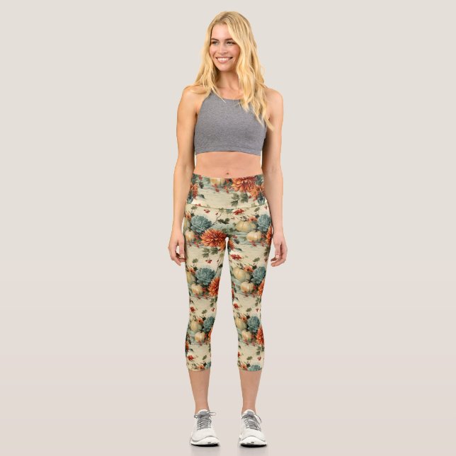 Floral Thanksgiving Vintage Pattern (1) Capri Leggings (Front)