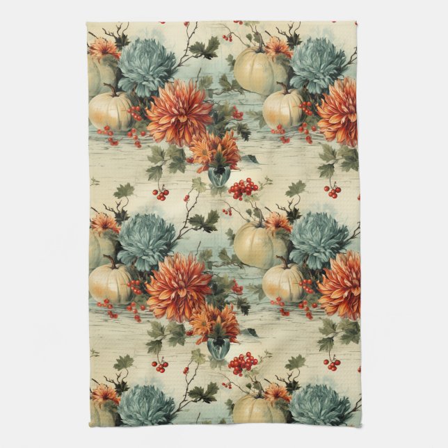 Floral Thanksgiving Vintage Pattern (1) Tea Towel (Vertical)