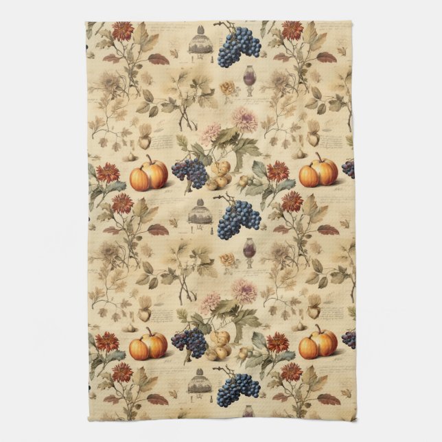 Floral Thanksgiving Vintage Pattern (4) Tea Towel (Vertical)