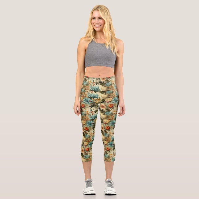 Floral Thanksgiving Vintage Pattern (5) Capri Leggings (Front)