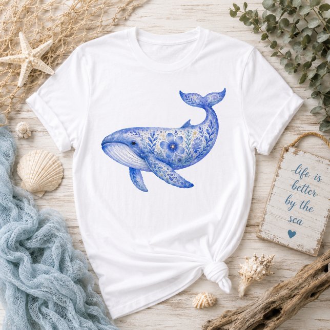 Floral Theme Blue Whale Pottery Art T-Shirt (Creator Uploaded)