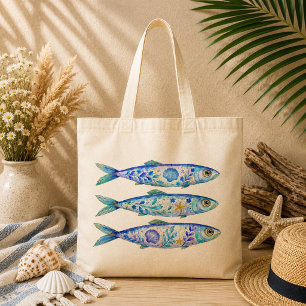 Floral Theme Pottery Art Fish Tote Bag