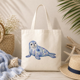 Floral Theme Pottery Art Harbour Seal Tote Bag