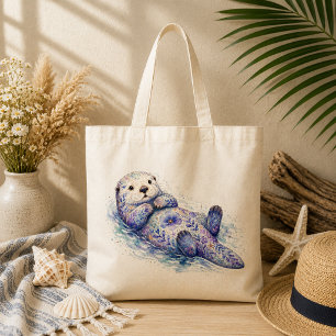 Floral Theme Pottery Sea Otter Tote Bag