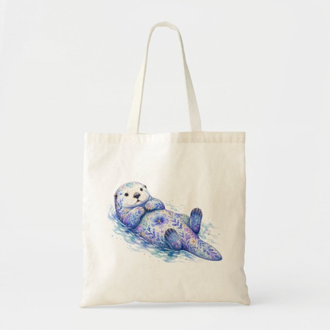Floral Theme Pottery Sea Otter Tote Bag (Front)