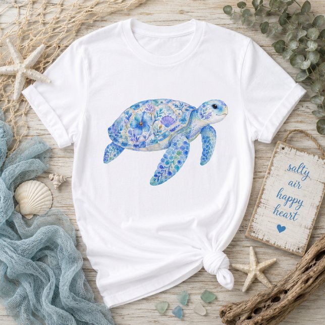 Floral Theme Sea Turtle Pottery Art T-Shirt (Creator Uploaded)
